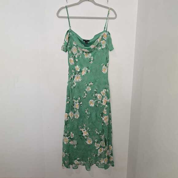 IN San Francisco Green Floral Slip Midi Dress L Cowl Neck Y2K Fairy Cottagecore - Picture 1 of 11